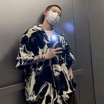여름 얇은 아이스 나염 쿠바 넥 반팔 셔츠 남방 스타일 빈티지 건달 루즈핏
