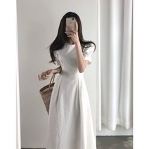 라운드 넥 퍼프 소매 슬림 허리라인 강조 화이트 레드 단색 여성스런 꾸안꾸 심플 롱 원피스
