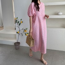 퍼프 소매 지지미 깅엄 체크 고방 라운드넥 루즈핏 여름 썸머 롱원피스