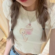 슬라브 브이넥 세미크롭 브라 크롭 반팔 티 티셔츠 빈티지 천사 인쇄 늑골이있는 T 셔츠 여성 여름 달콤한 귀여운 민소매 코튼 숏 T셔츠 레트로 Streetwear Y2k 자르기 가