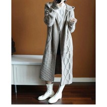 겨울 여성 마름모 꽈배기 롱 니트 후드 가디건