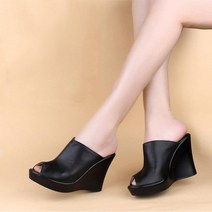 금척몰 소가죽 굽높은 토오픈 뮬 슬리퍼 웨지힐 10cm