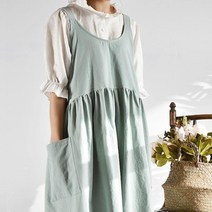 보들 원피스 앞치마 카페 여름 린넨 주방 데님 공방 프릴 원피스 앞치마 어린이집 유치원 카페, ♤C타입-그린♠