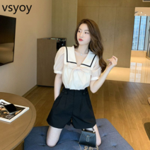 vsyoy 2023 년 여름 새로운 프랑스 달콤한 네이비 칼라 버블 슬리브 슈트 반바지 여성 외국 스타일 투피스 세트