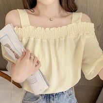 셔츠 끈오프숄더 여성 넥라인 스모크 블라우스 밴딩 오프숄더