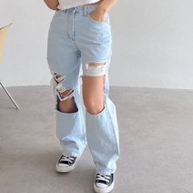 어디에도 없는 디자인 찢청 와이드 일자 데님 통바지 팬츠