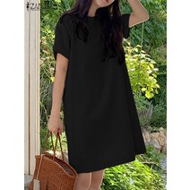 봄 여성 옷 쉬폰 샤랄라 ZANZEA 패션 여름 반팔 캐주얼 홀리데이 솔리드 파티 드레스 Femme Robe Knee-length Vestido