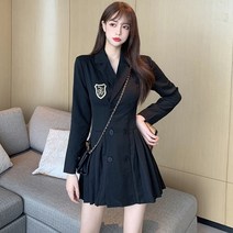 정장원피스 가을옷 허리보정 슬림핏 브이넥 겹 버튼 플리츠 블랙 A라인 짧은 3746012179, 블랙 S