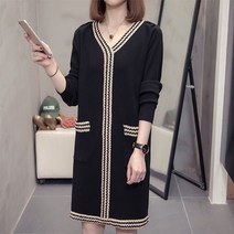 SJW 브이넥 미디 니트원피스 여성 봄가을 포켓 하객룩 간절기룩 빅사이즈 L~5XL