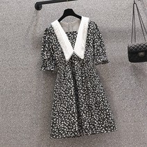실사 빅 사이즈 여성 쉬폰 플라워 원피스 여름 프렌치 빈티지 허리 여밈 날씬해 보이는 분위기 스커트