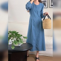 무드무드 린카 데님 핀턱 리본끈 롱 원피스