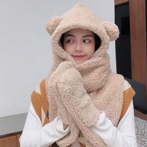 디엠몰 1+1 인간 테디베어 변신 곰돌이 일체형 털 후드 모자 목도리 장갑