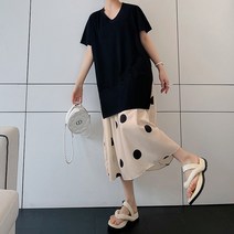 배색 도트 빅사이즈 반팔 롱원피스