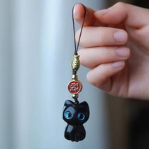 휴대폰 스트랩 목걸이 에보니 고양이 체인 귀여운 자동차 키 펜던트 로프 나무 조각