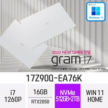LG전자 2022 그램17(12세대) 17Z90Q-EA76K 17인치 고사양 고사양 게임용 그래픽작업용 가벼운 고성능 대학생 추천 노트북, Win 11 Home, 16GB, 512GB+2TB