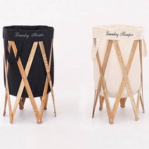 접이식 우드 햄퍼 (2개) 원목 빨래바구니 세탁바구니 캠핑용 바구니 세탁빨래통, 아이보리+블랙 (받침 내추럴)