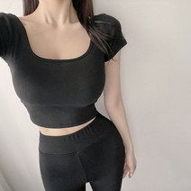 글램핏 / 1+1 베이직 스퀘어 유 넥 슬림 캡소매 크롭 티 5컬