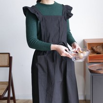 러브하우스 방수린넨 프릴 X형 앞치마, 블랙