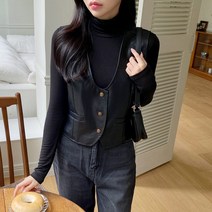 그린섬 레더 조끼 여성 버튼 다트 슬림 크롭 레이어드
