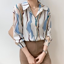 디자인 감각 그래피티 셔츠 여 가을 물결 스트라이프 코디 상의
