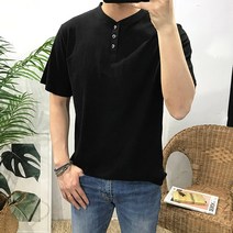이루네 단정한 슬라브 차이나 헨리넥 반팔 티셔츠