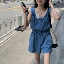 민소매 나시 허리밴딩 데님컬러 점프수트 여름 코디