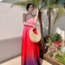 민소매 홀 터넥 쉬폰 롱 원피스 날씬한 원피스 해변 리조트 원피스점점 변색 롱스커트 스커트 비치 스커트 여름