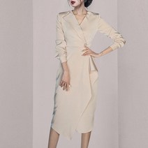 넷투넷코리아 여성 미디 원피스 루즈핏 브이넥 랩 A라인 오피스룩