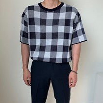 사각체크 반팔 니트 오버핏 루즈핏 남자 데일리 데이트룩 여름 봄 가을 옷 코디