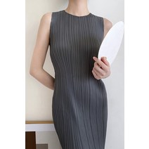 주름 원피스 Miyake Pleats 클래식 여성 긴 흰색 드레스 민소매 라운드 넥 일본 패브릭 소프트 비치