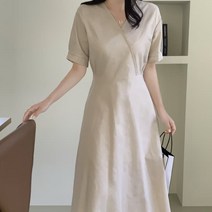 디작소 여성 여름 도드 린넨 랩 반팔 롱 원피스