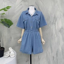 [행복여] 캐드 양 포켓 허리 밴딩 반바지 데님 청 점프슈트