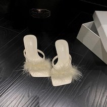 하이힐 슬리퍼 패션 좁은 밴드 깃털 장식 슬립 플립 플롭 야외 캐주얼 비치 샌들 스타 여성, beige+38