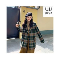 유유가가 여자 투버튼 브레스티드 코튼 오버핏 체크무늬 코트