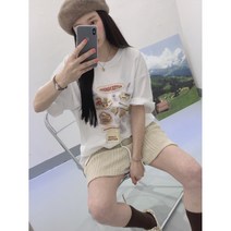 여성 오브제 프린팅 캐릭터 루즈핏 반팔 티셔츠 사계절 캐주얼룩