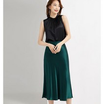 샤틴 롱 스커트 실크 치마 오피스 심플 미디 여성 빅사이즈