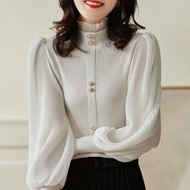 돌체비타샵 금장단추 프릴 반폴라 퍼프소매 니트 블라우스