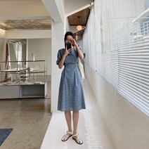 겟잇미 리라 체크 스퀘어넥 기본 스트랩 롱원피스