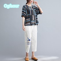 중년 여성 스트라이프 린넨 자수 팬츠 상하세트 미시 여름 투피스