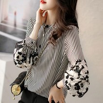 플라워 블라우스 꽃무늬 셔츠 레트로 스트라이프 프린트 긴팔 버튼 루즈핏 스탠드 카라 여성