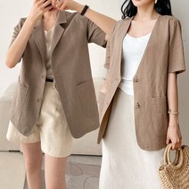 이루샵 여성 린넨 반팔 자켓 카라 노카라 싱글 박스 마 여자 아우터 여름 캐주얼 5컬러