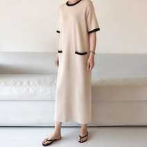 데일리와이 국내제작 배색 라운드 포켓 롱 니트 원피스 2color