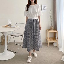 그린섬 ﻿맨투맨 베이직 허리밴딩 a라인 체크 치마 롱 원피스 반팔 데일리 편안한