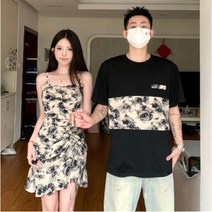 여름 커플 시밀러룩 원피스 반팔 티셔츠 플라워 프린트 의류