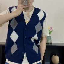 도오빠 벨로링 여성 니트 조끼 브이넥 민소매 스웨터 베스트 자켓 루즈핏 다이아몬드 여자조끼
