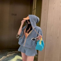 여자 후드 티 반팔 루즈한 캐주얼 반바지 투피스 세트 여성 수트 대학생 스포츠 amp 스웨