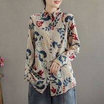 면 마 프린트 잔꽃 긴팔 셔츠 여긴팔 루즈 셔츠