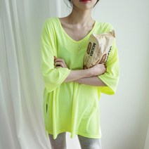바이퀸즈 루즈핏 브이넥 박스티 네온컬러 레깅스기장 롱티셔츠