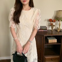 잇츠스타일 여성 라운드넥 브라이덜샤워 레이스 크림 화이트컬러 꽃 자수 슬림핏 미디원피스
