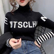 티티웍스 여성 소매포인트 레터링 목폴라 터틀넥 스트라이프